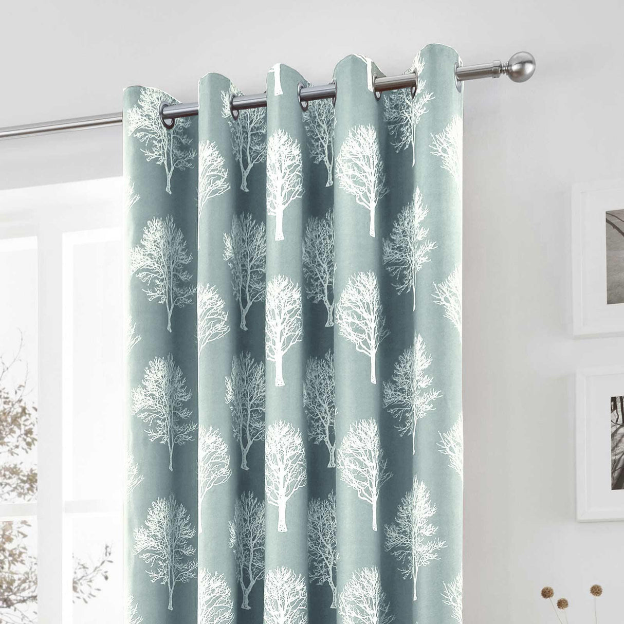 Woodland Trees Eyelet Curtains Duck Egg