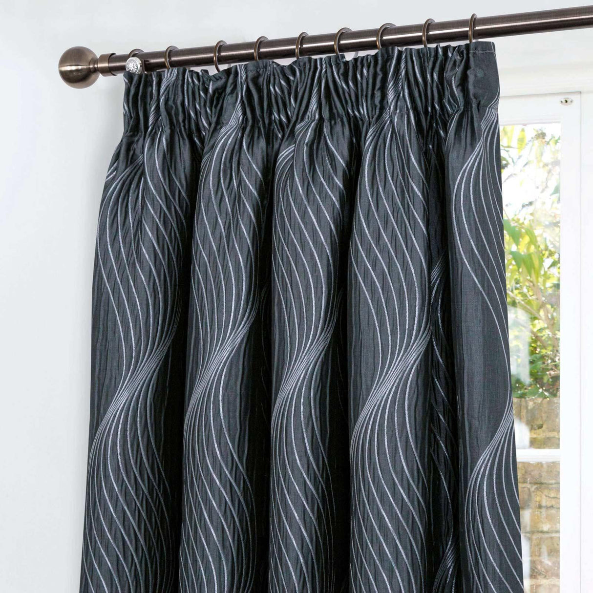 Zen Metallic Tape Top Curtains Charcoal