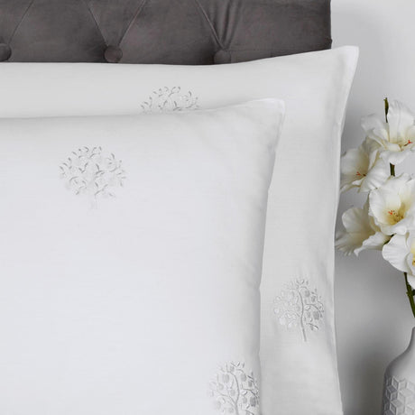 Embroidered Trees 100% Cotton White Duvet Cover Set