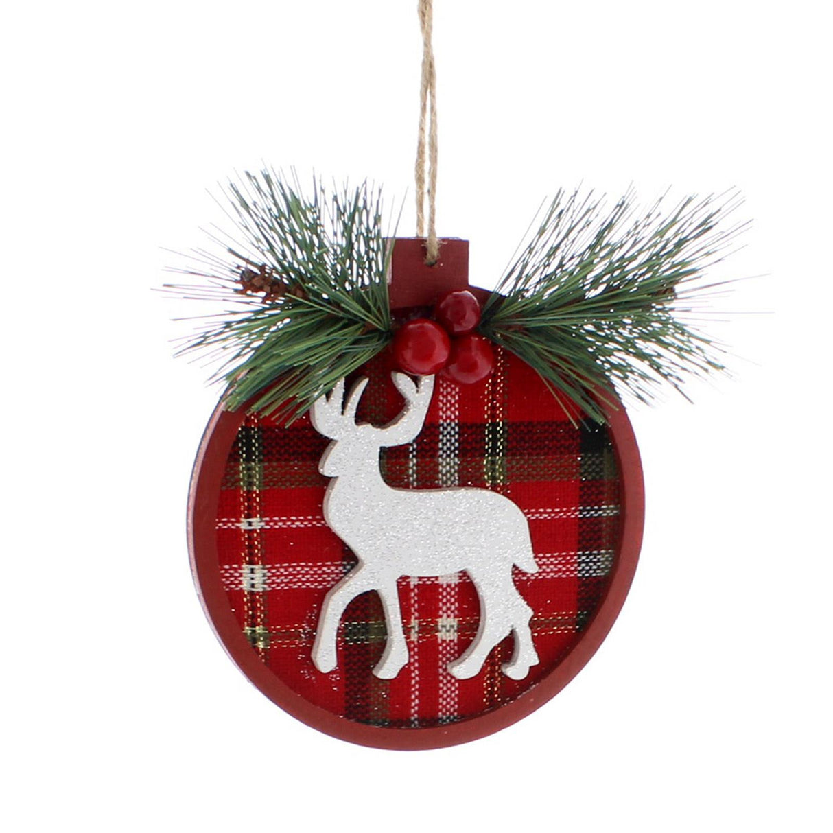 Wooden Red Tartan Disc with Reindeer