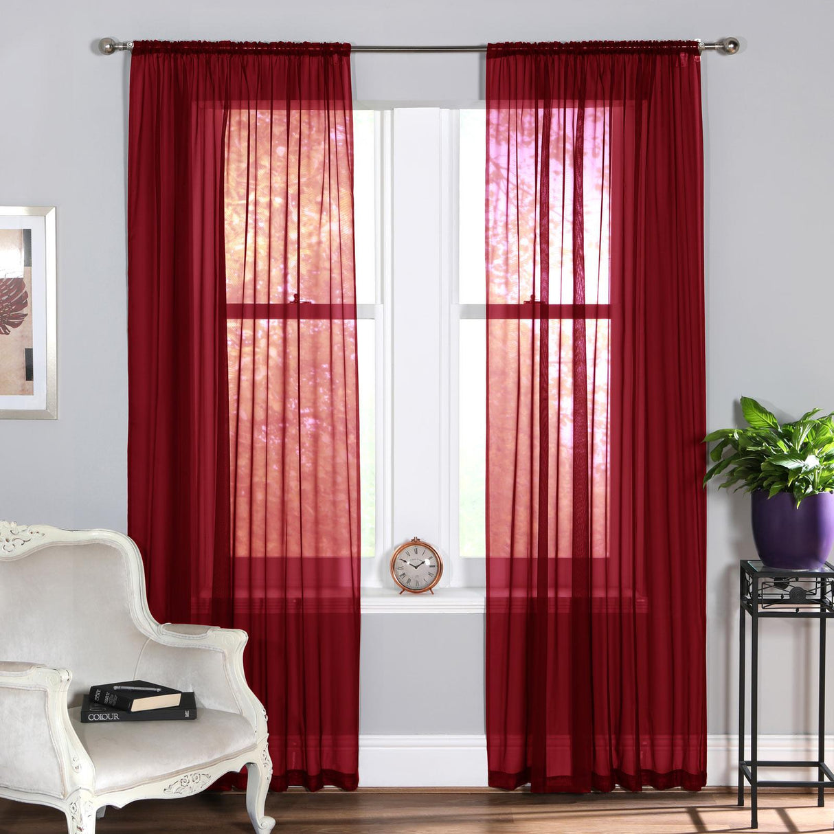 Plain Dyed Voile Curtain Panel Pair Brick Red