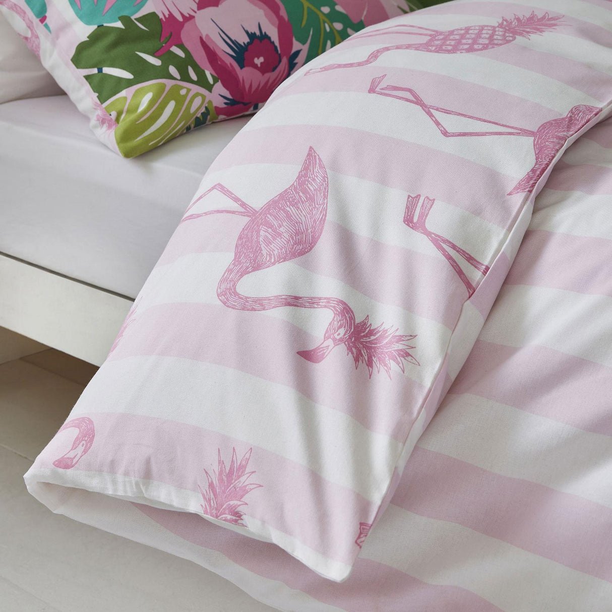 Tropical Flamingo Stripe Reversible Pink Duvet Cover Set