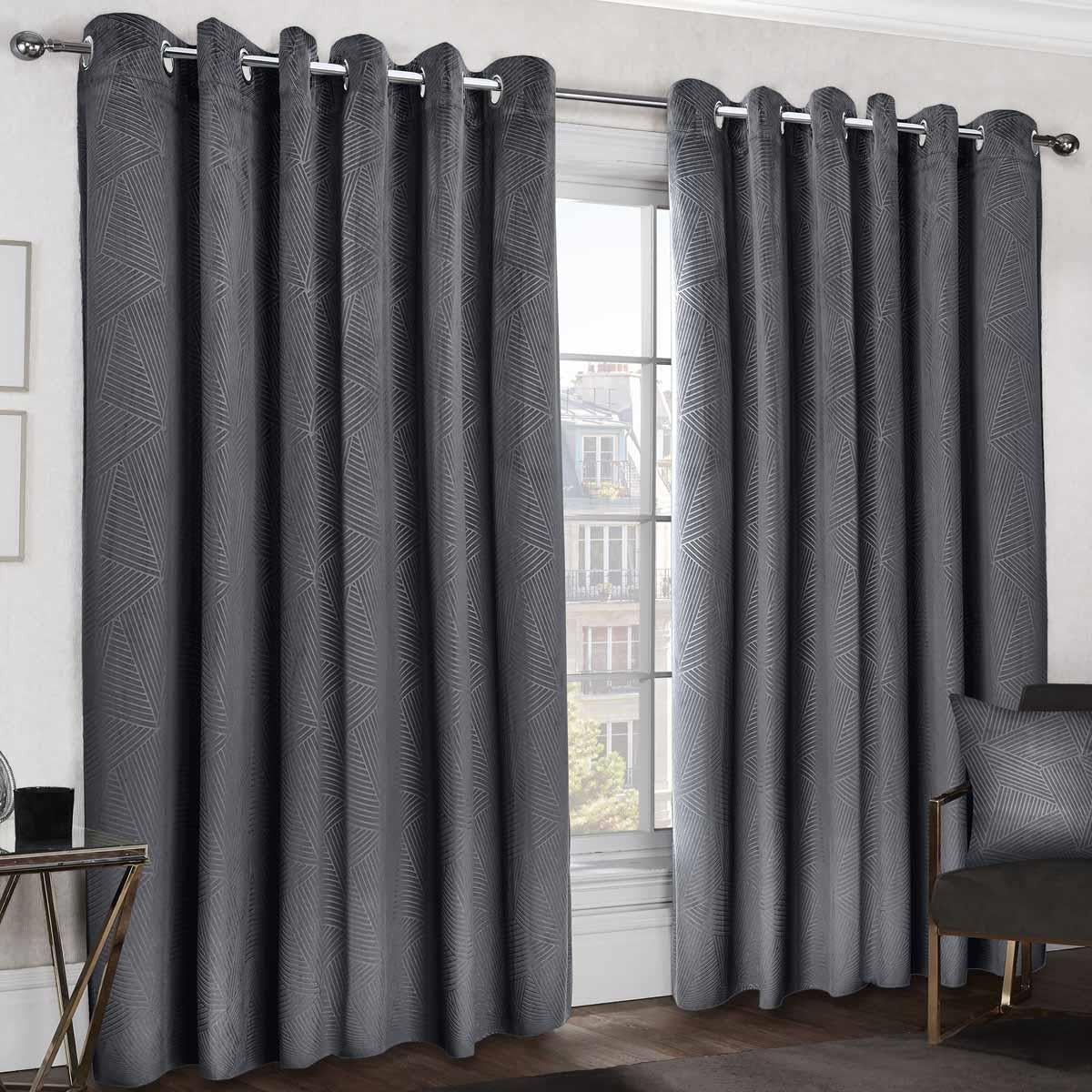 Thermal Blackout Eyelet Curtains Embossed Velvet Woven Charcoal Grey