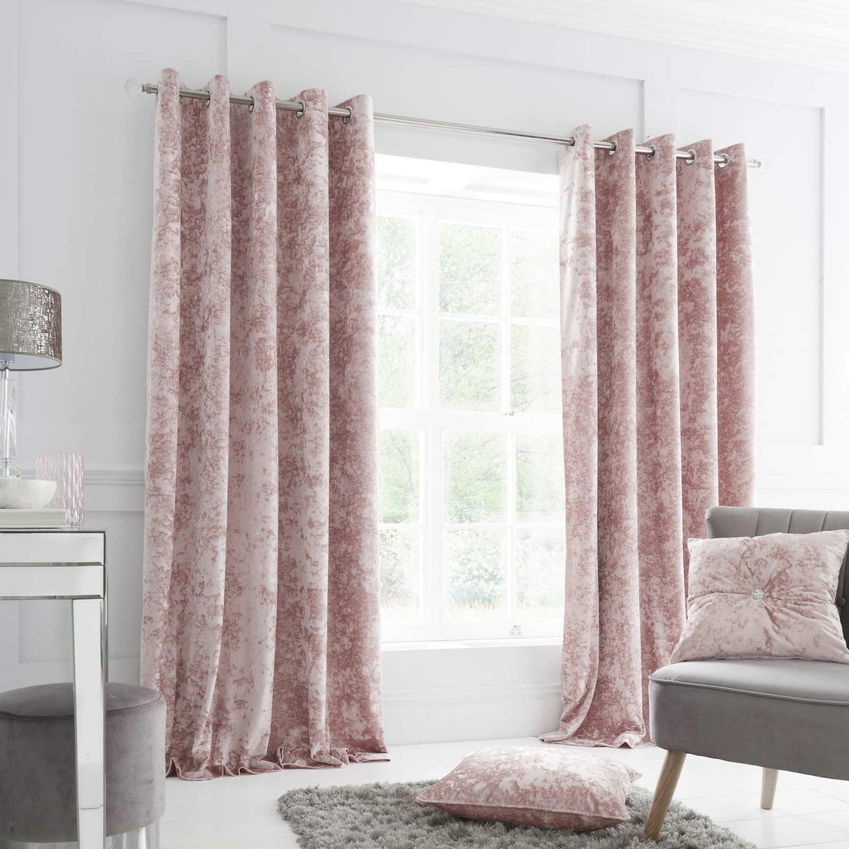 Crushed Velvet Eyelet Curtains Blush