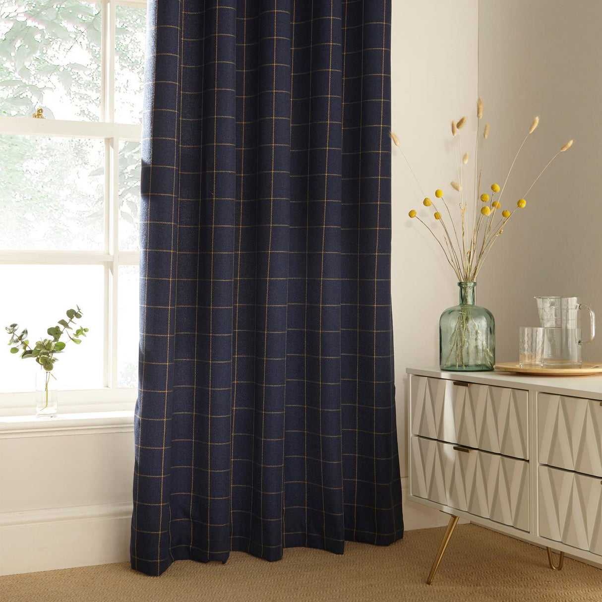 Ellis Windowpane Check Eyelet Curtains Navy 66" x 54"