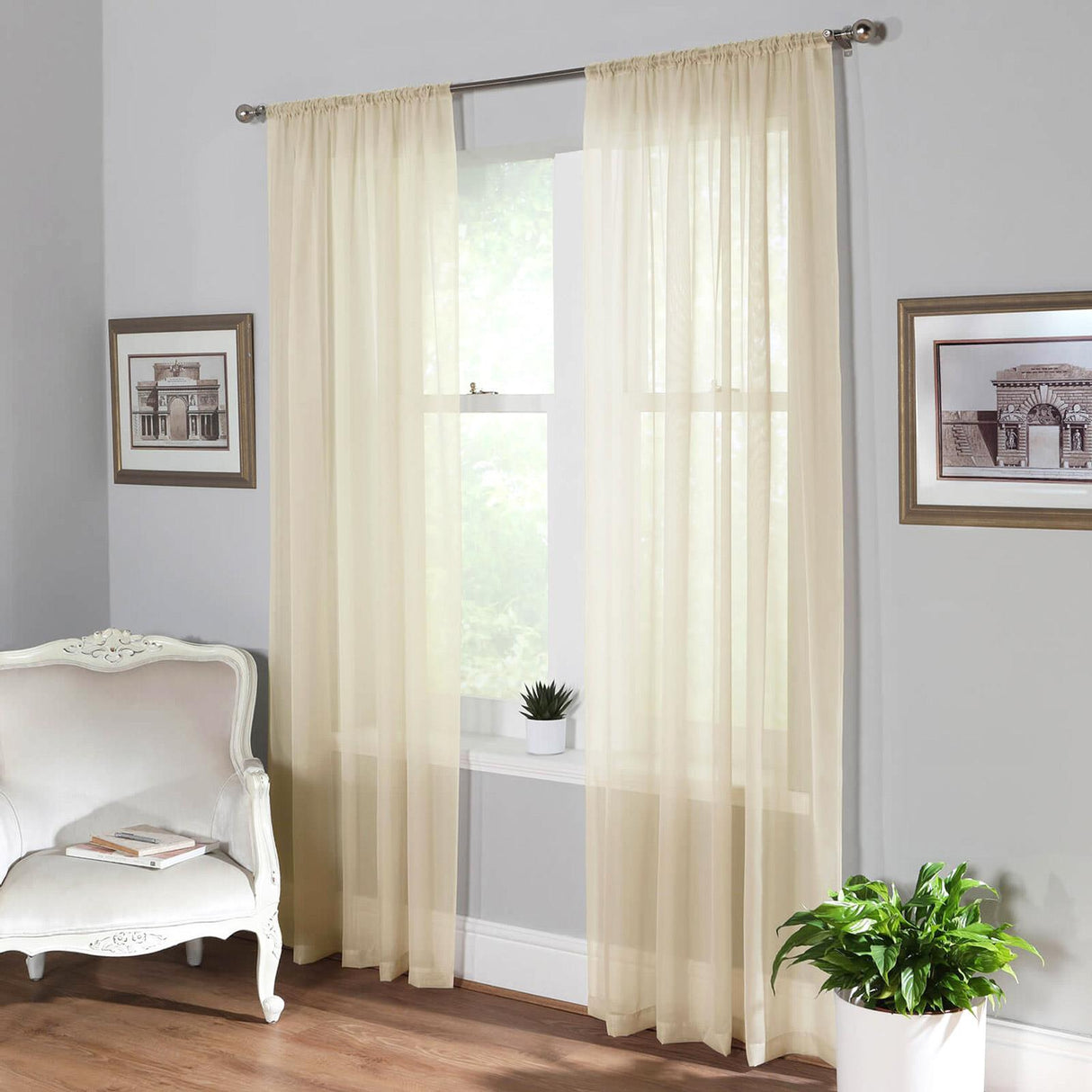 Plain Dyed Voile Curtain Panel Pair Cream