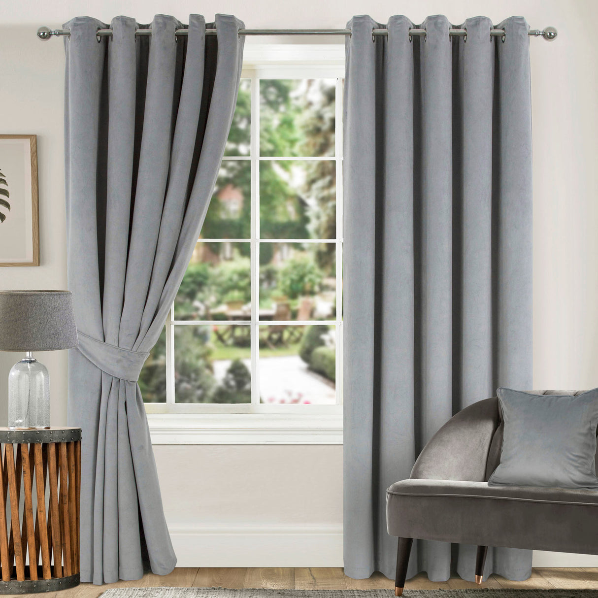 Thermal Interlined Velour Eyelet Curtains Grey