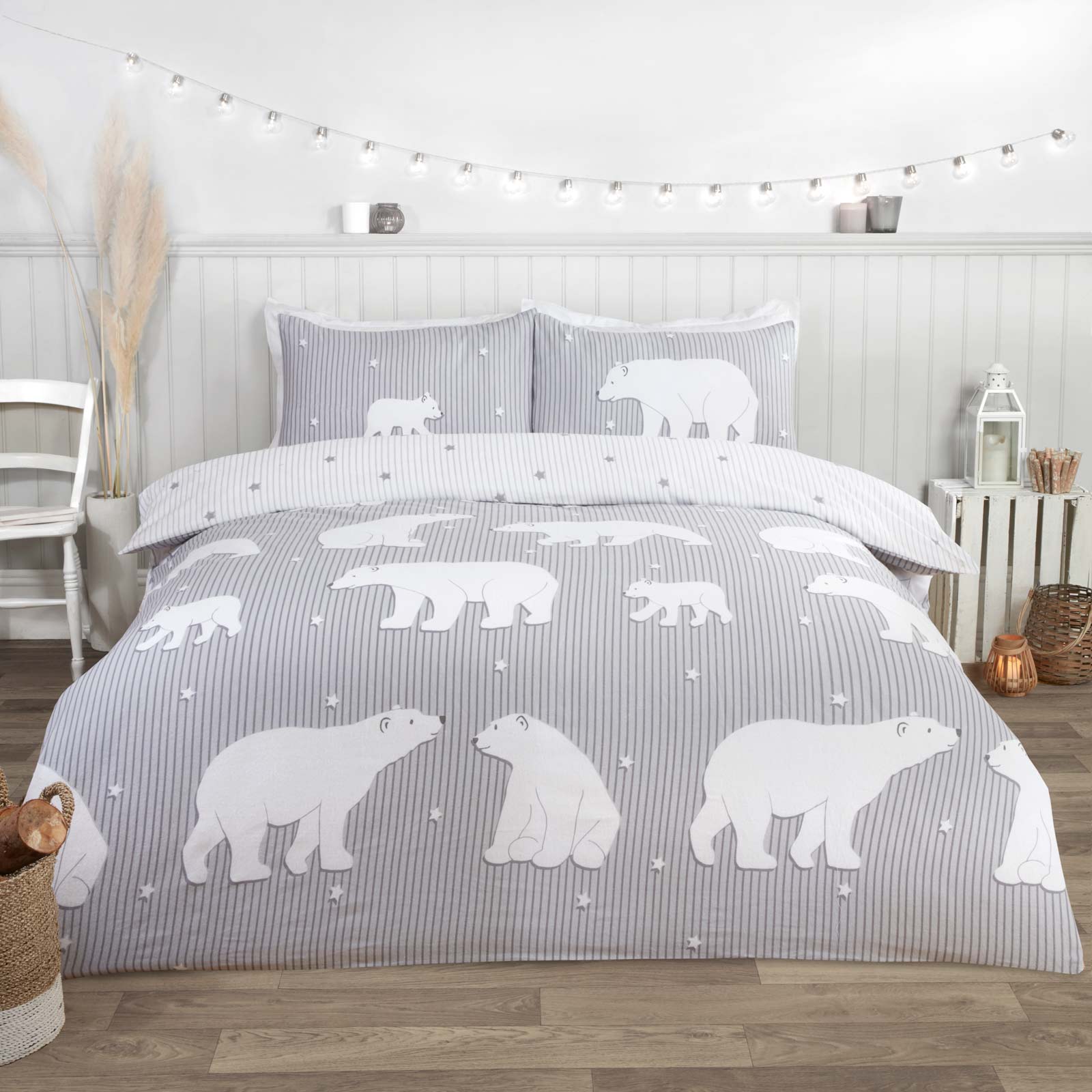 Grey Polar Bear Flannelette Duvet Cover Set Reversible Comfort Ideal Textiles