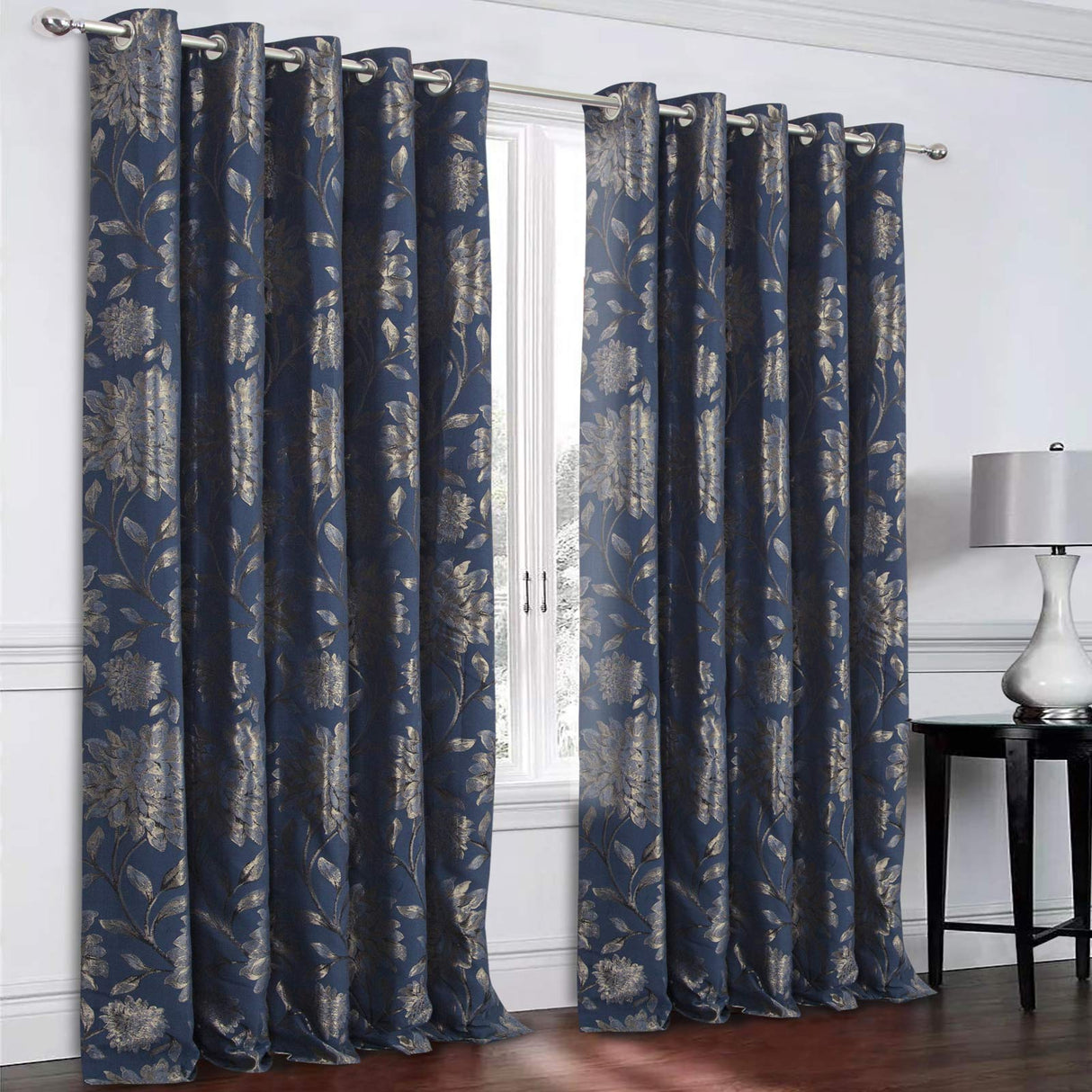 Elanie Metallic Florals Eyelet Curtains Navy