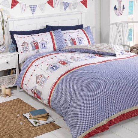 Beach Huts Gingham Check Blue Duvet Cover Set Duvet Cover Rapport Single  