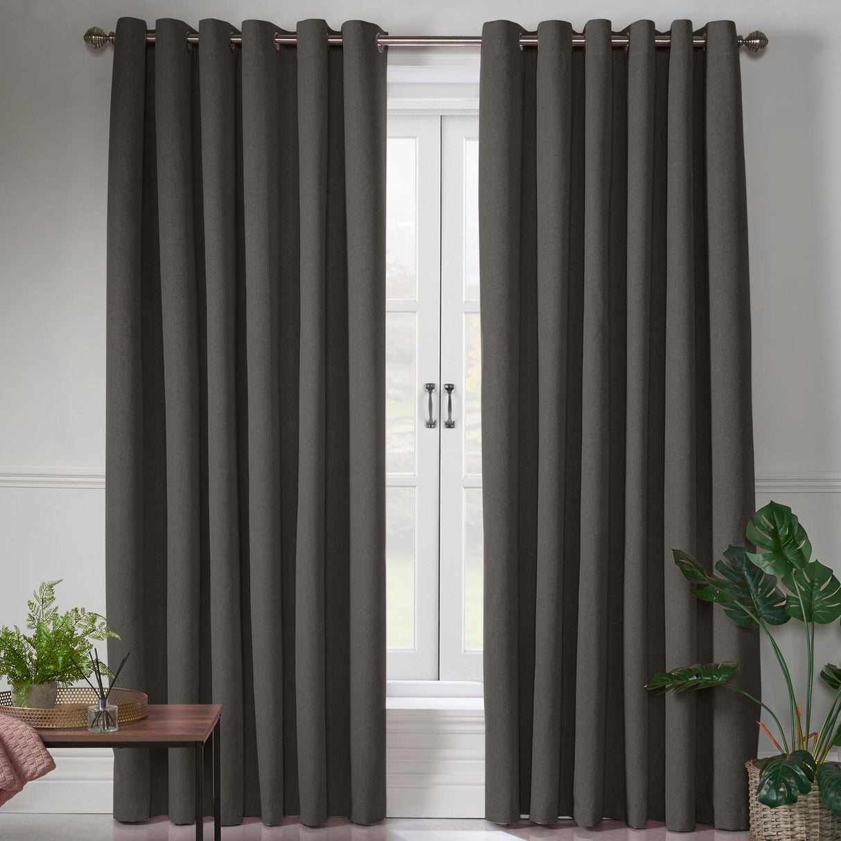 Blackout Linen Look Eyelet Curtains Charcoal