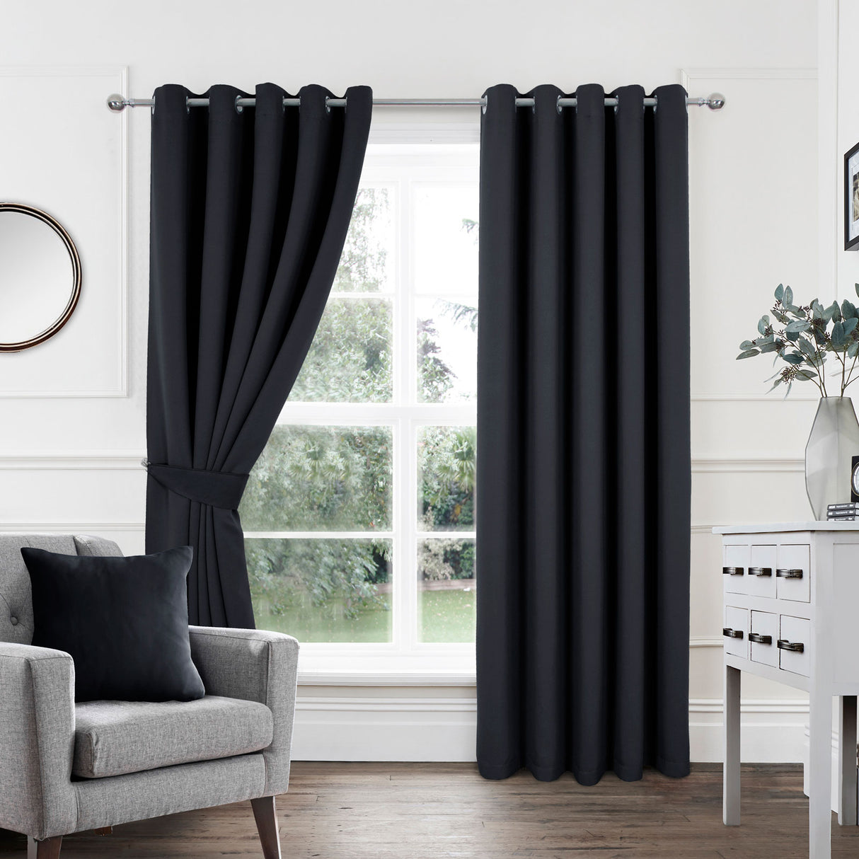 Woven Blackout Eyelet Curtains Black