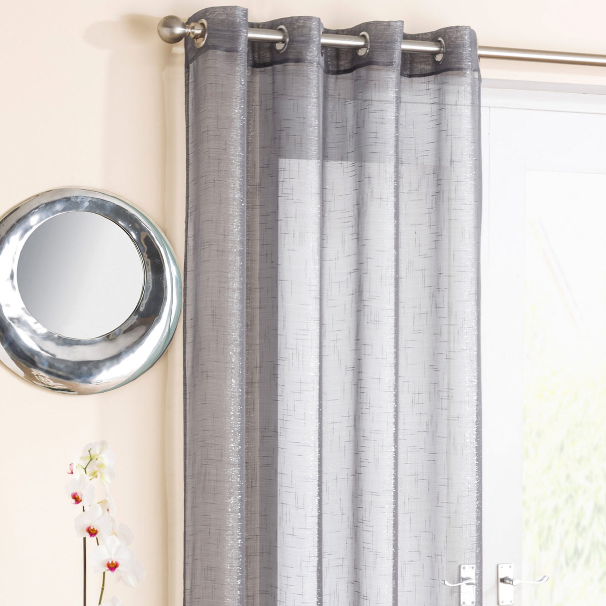 Marrakesh Eyelet Voile Curtain Panel Grey Voile Curtain Tyrone Textiles 54'' x 48''  