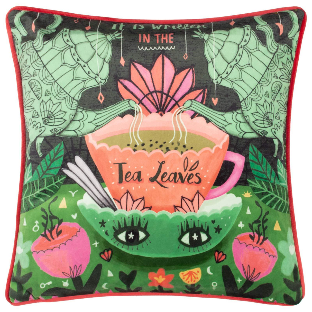 Tea Leaves Illustrated Velvet Cushion Cover 17" x 17"