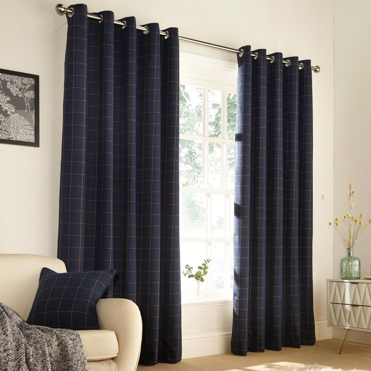 Ellis Windowpane Check Eyelet Curtains Navy 66" x 54"