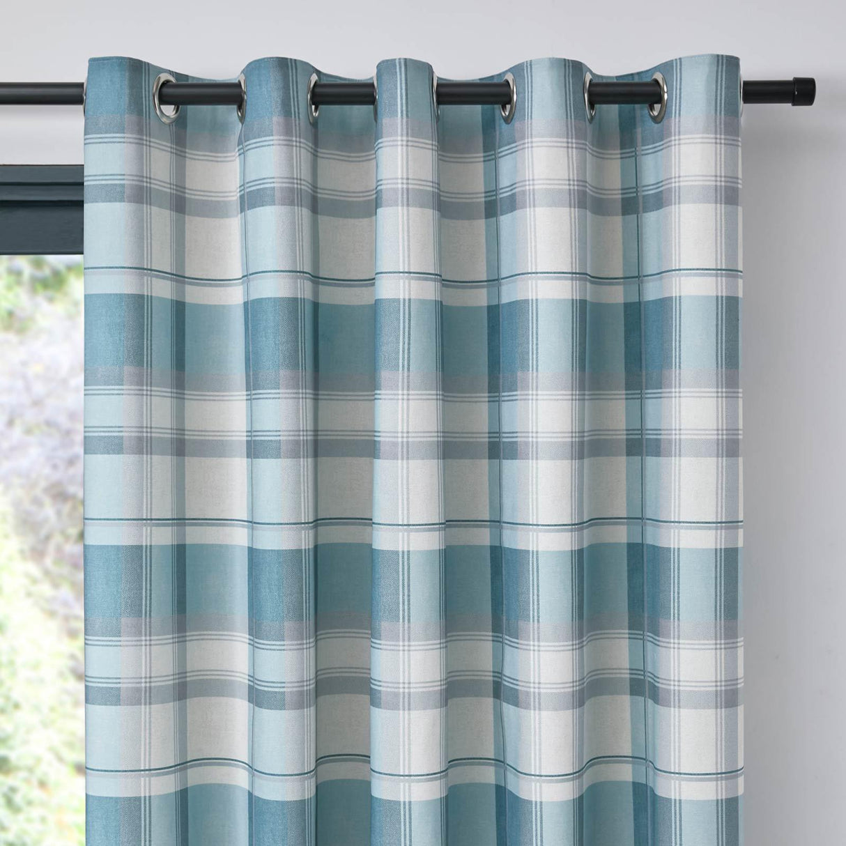 Balmoral Check Eyelet Curtains Duck Egg