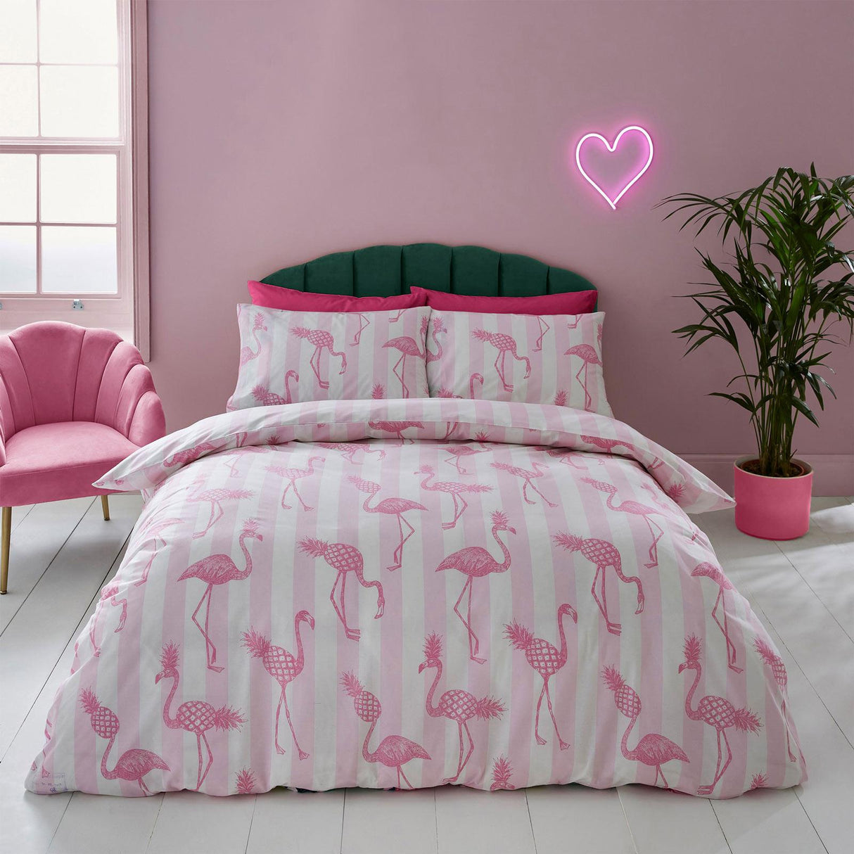 Tropical Flamingo Stripe Reversible Pink Duvet Cover Set