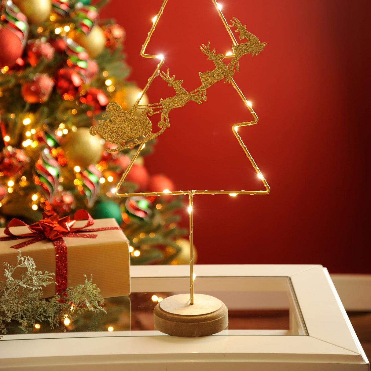 Lit Metal Tree with Santa Reindeer Scene