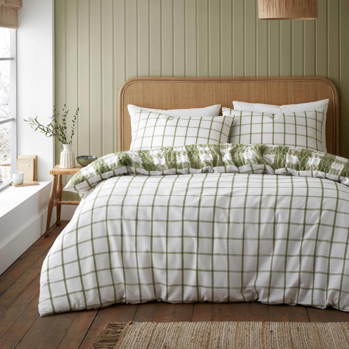 Brushed Seersucker Gingham Duvet Cover Set Olive