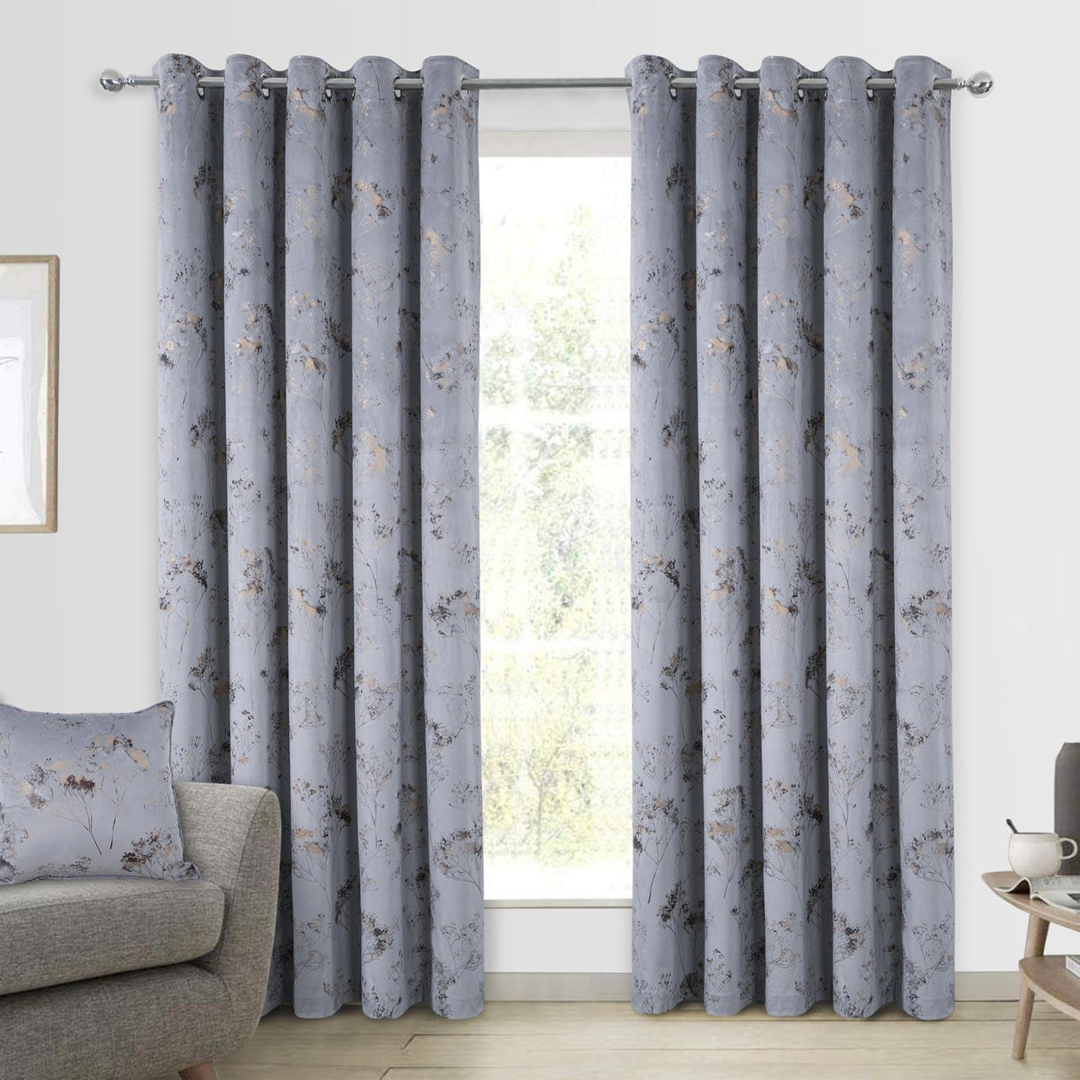 Lucia Metallic Thermal Eyelet Curtains Grey