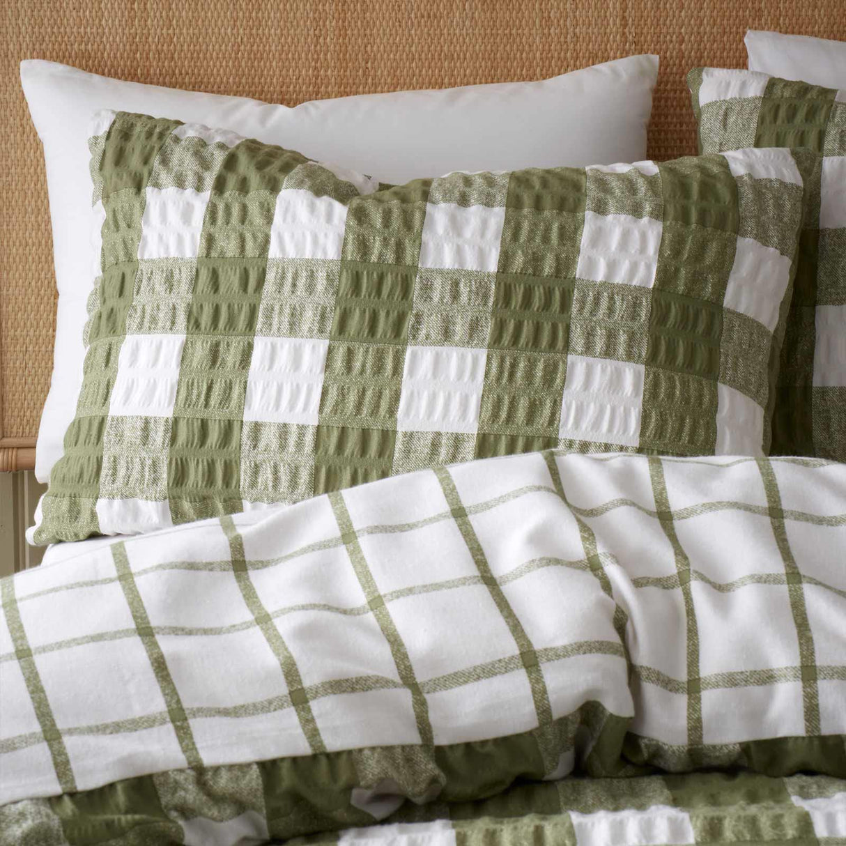 Brushed Seersucker Gingham Duvet Cover Set Olive