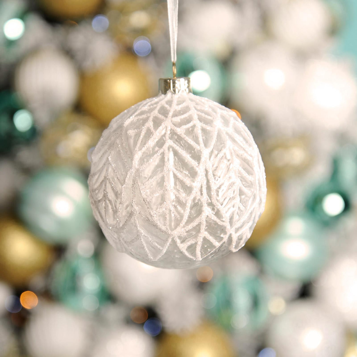 Frosted White Leaf Glass Ball 10cm