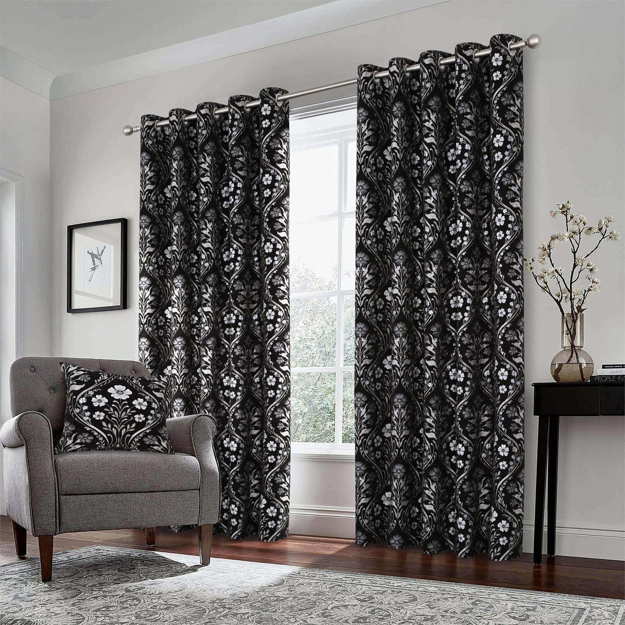 Luna Metallic Chenille Eyelet Curtains Black