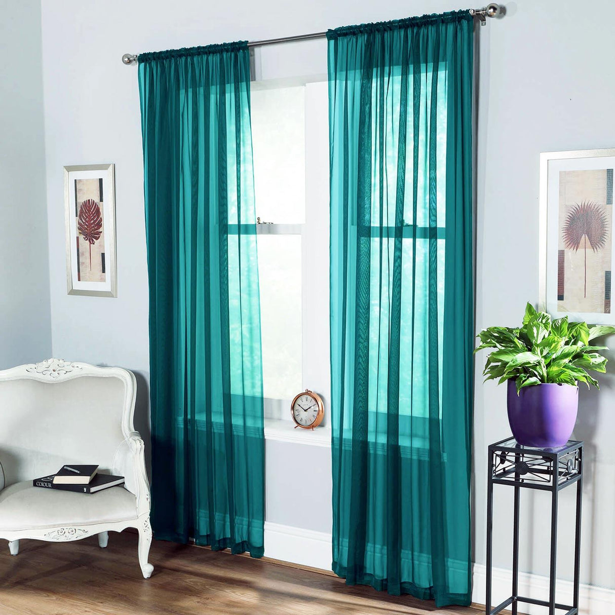 Plain Dyed Voile Curtain Panel Pair Teal