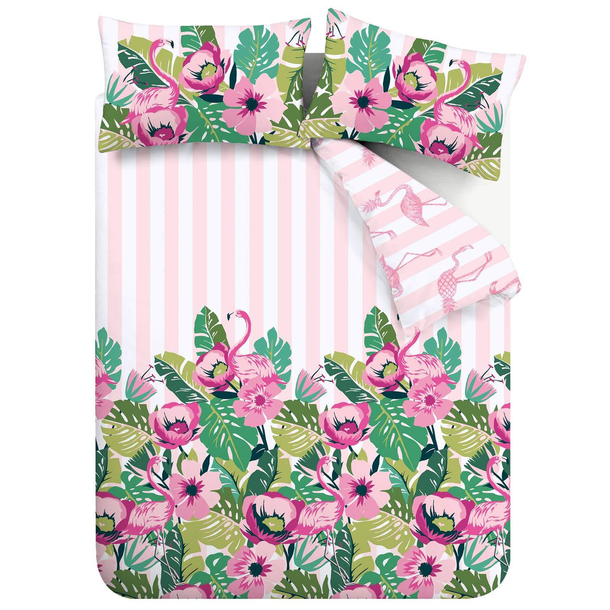 Tropical Flamingo Stripe Reversible Pink Duvet Cover Set