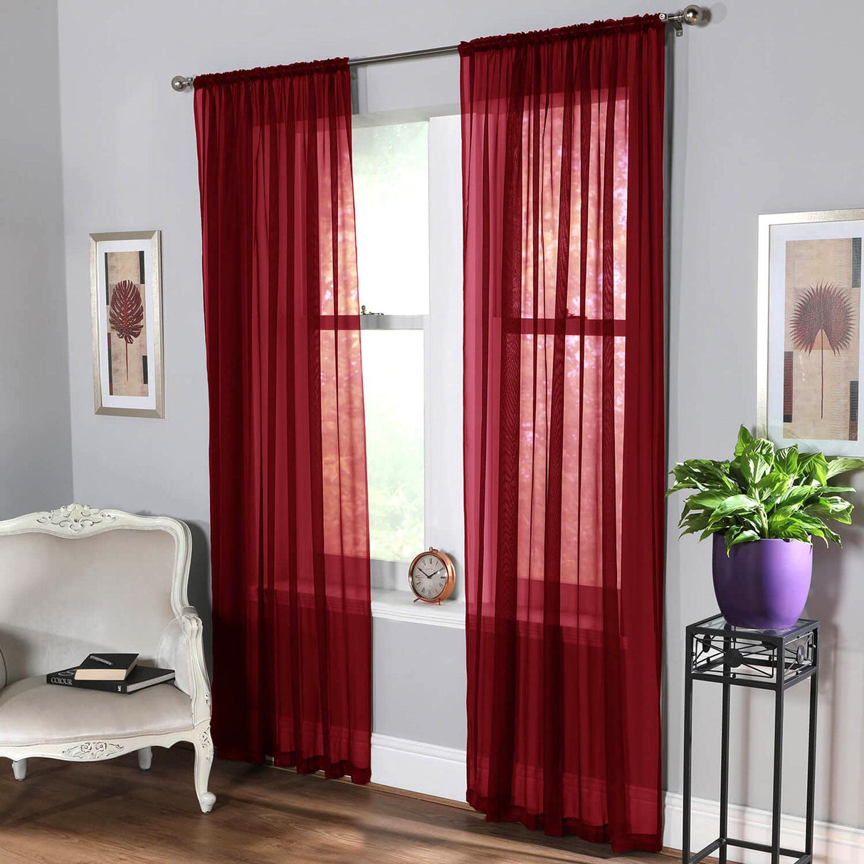 Plain Dyed Voile Curtain Panel Pair Brick Red