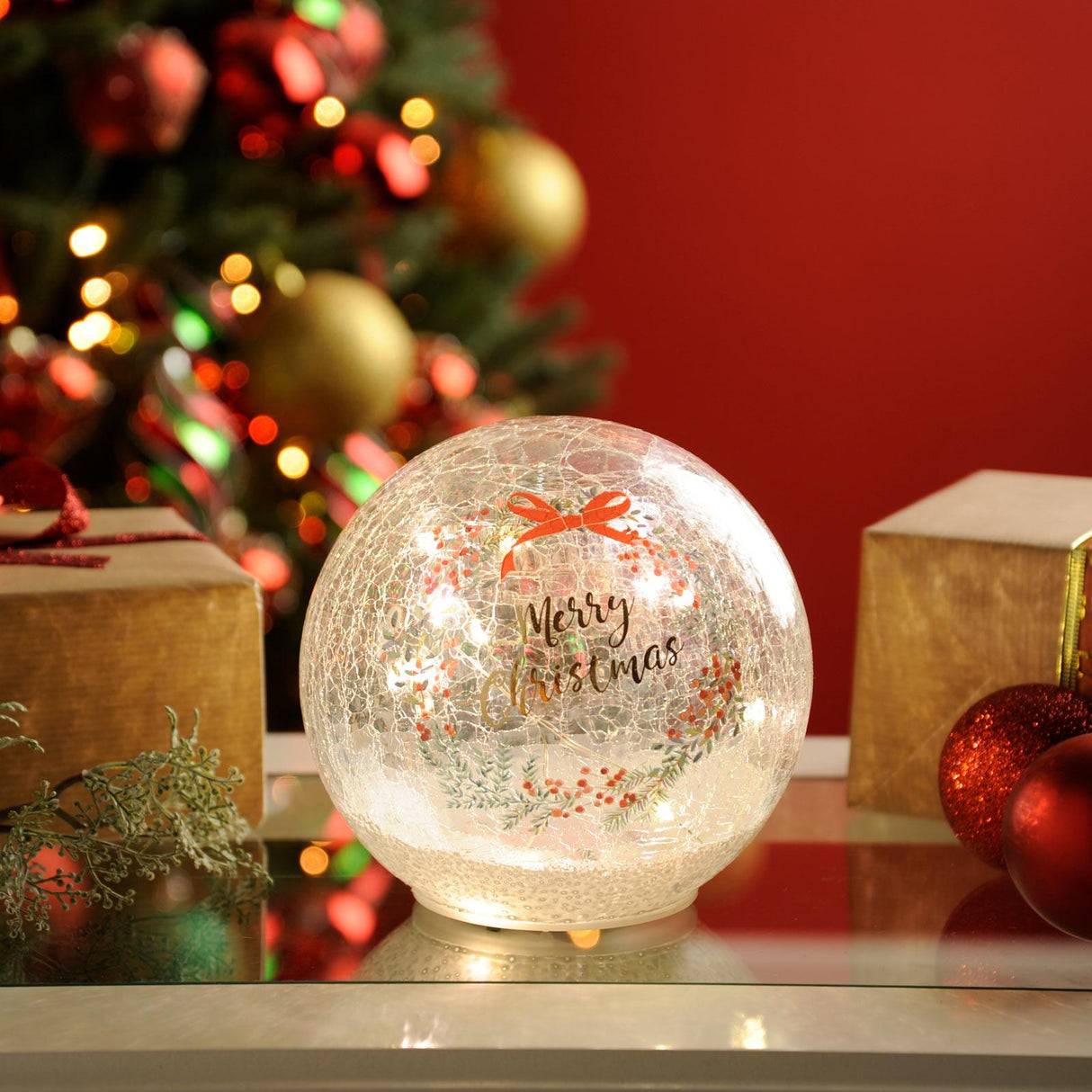 Lit Crackle Effect Ball Merry Christmas Bow