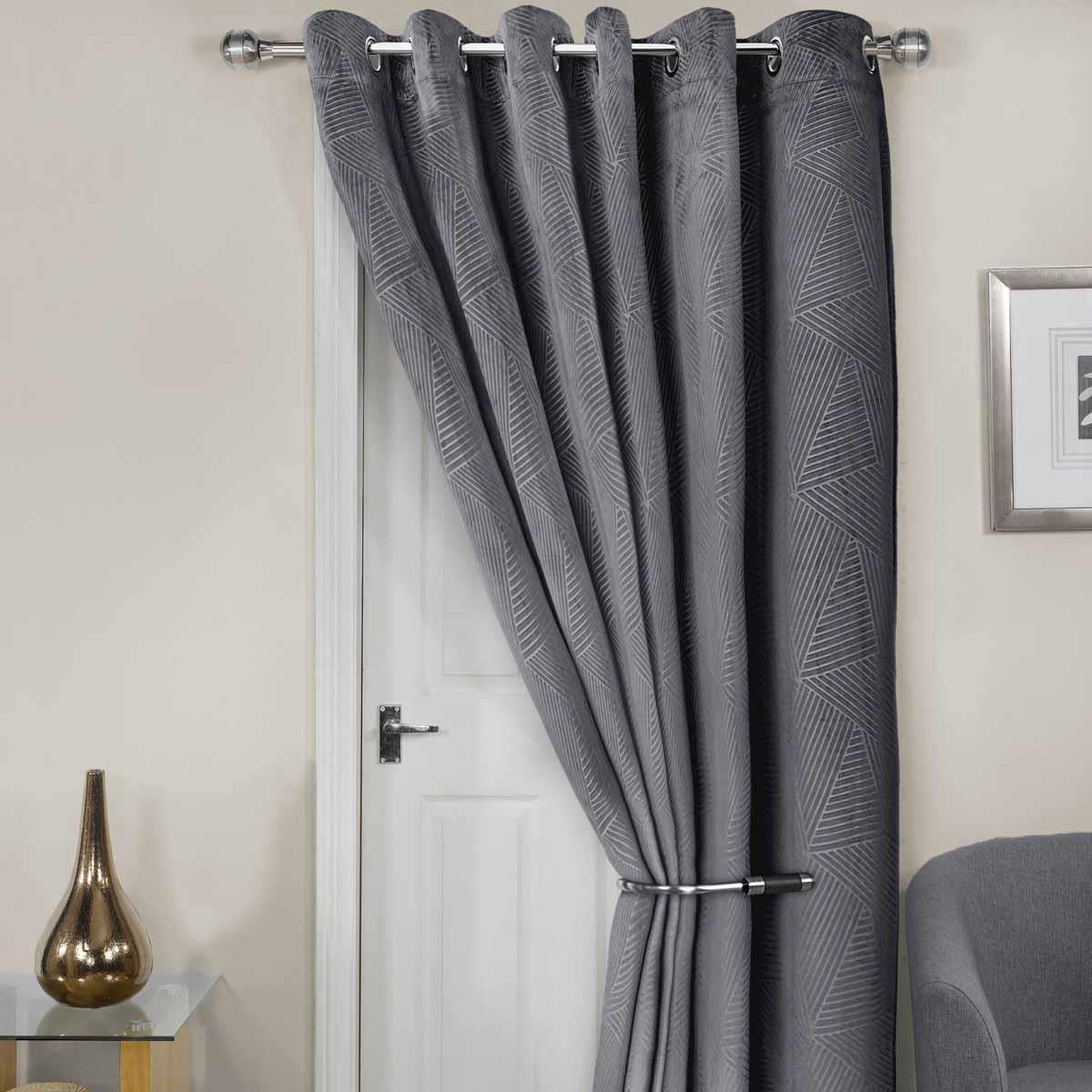 Midnight Thermal Eyelet Door Curtain Embossed Velvet Woven Charcoal Grey