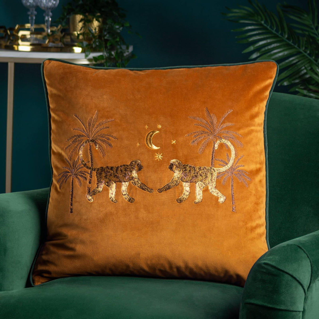 Dusk Monkey Embroidered Velvet Cushion Cover 20" x 20" (50cm x 50cm)