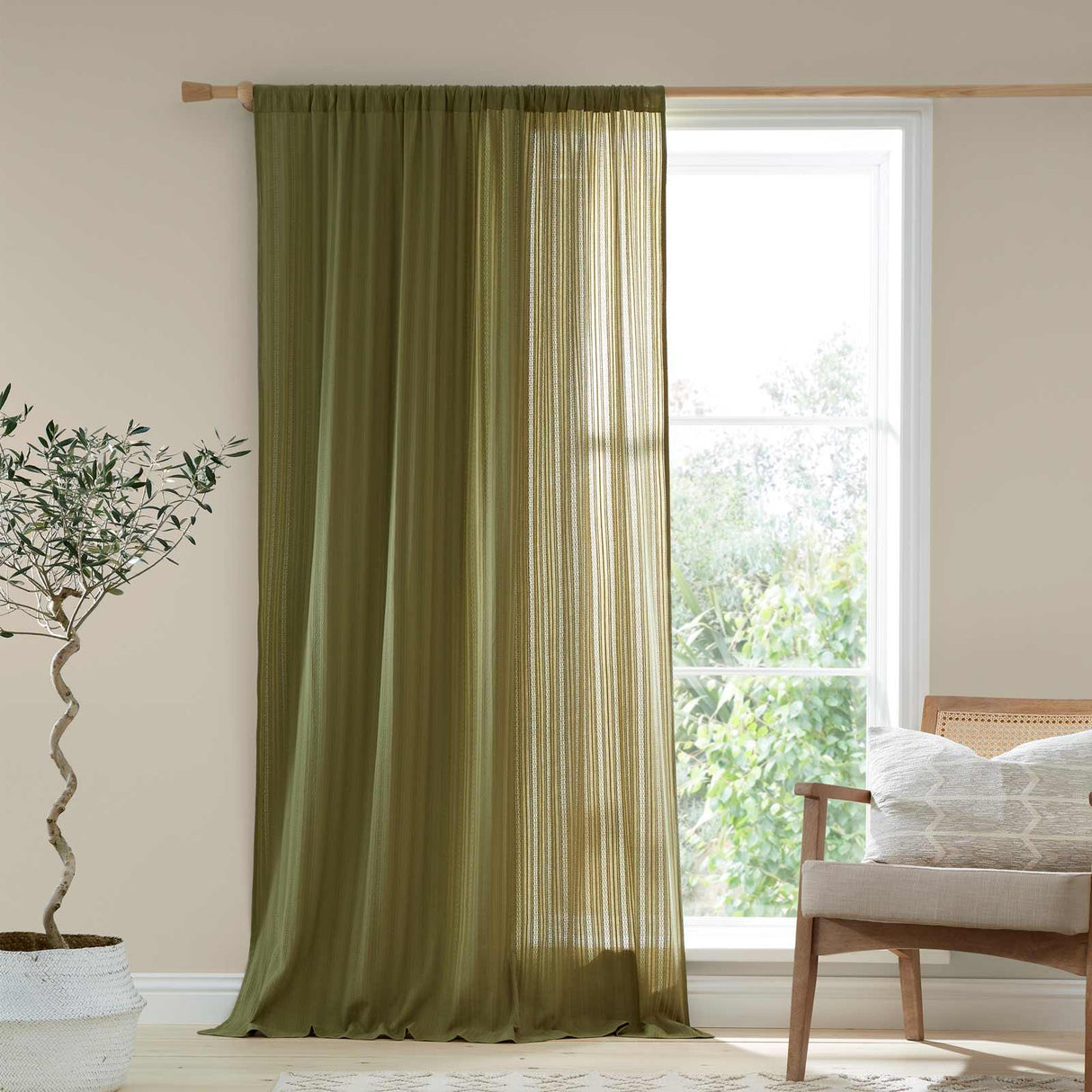 Zofia Broderie Anglaise Voile Curtain Panel Olive