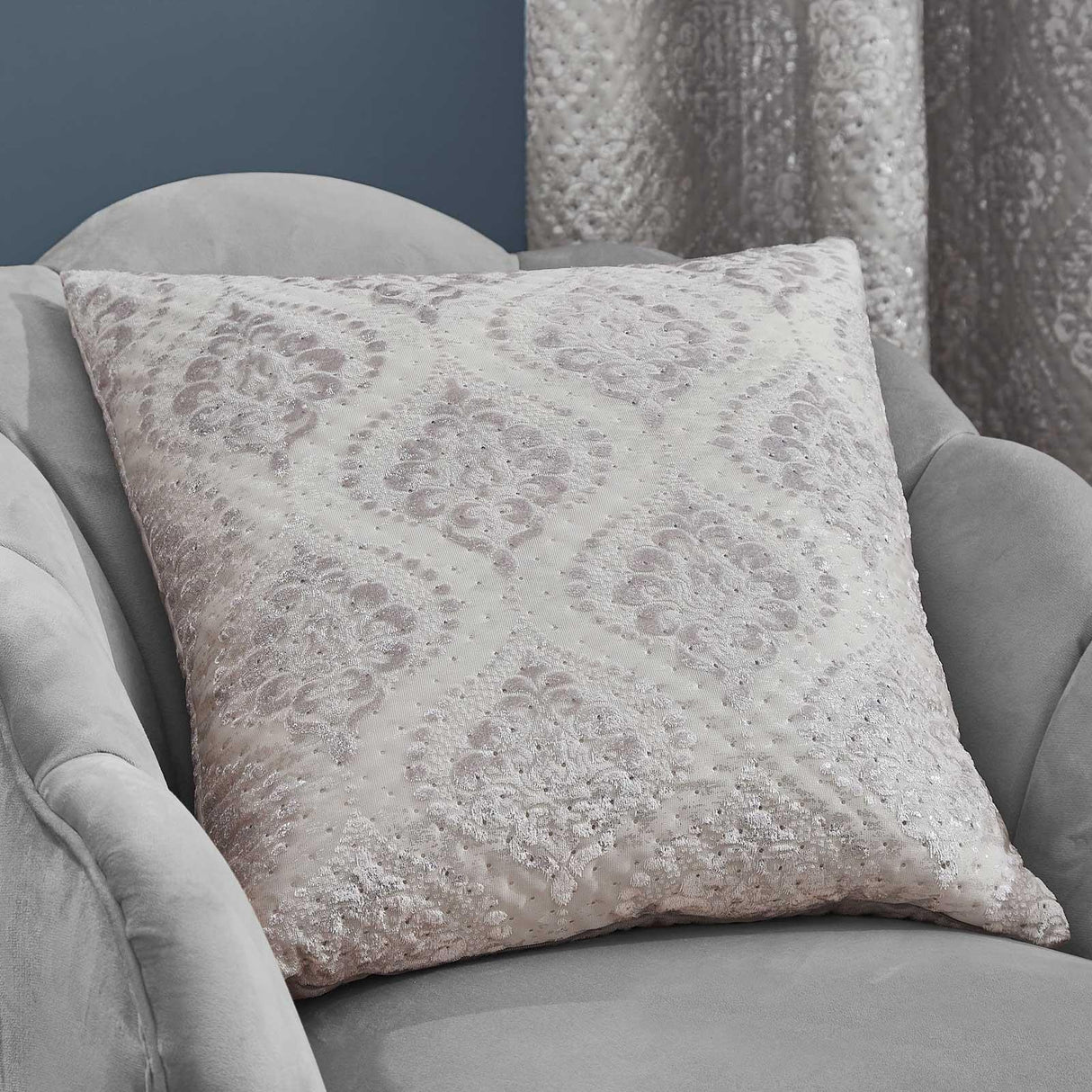 Damask Metallic Pinsonic Foil Cushion Grey