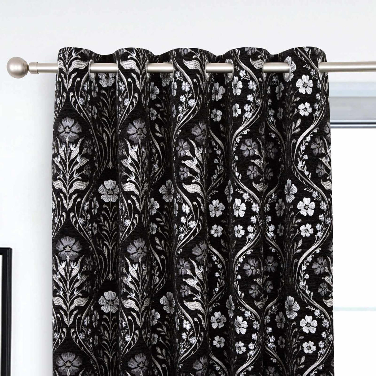 Luna Metallic Chenille Eyelet Curtains Black