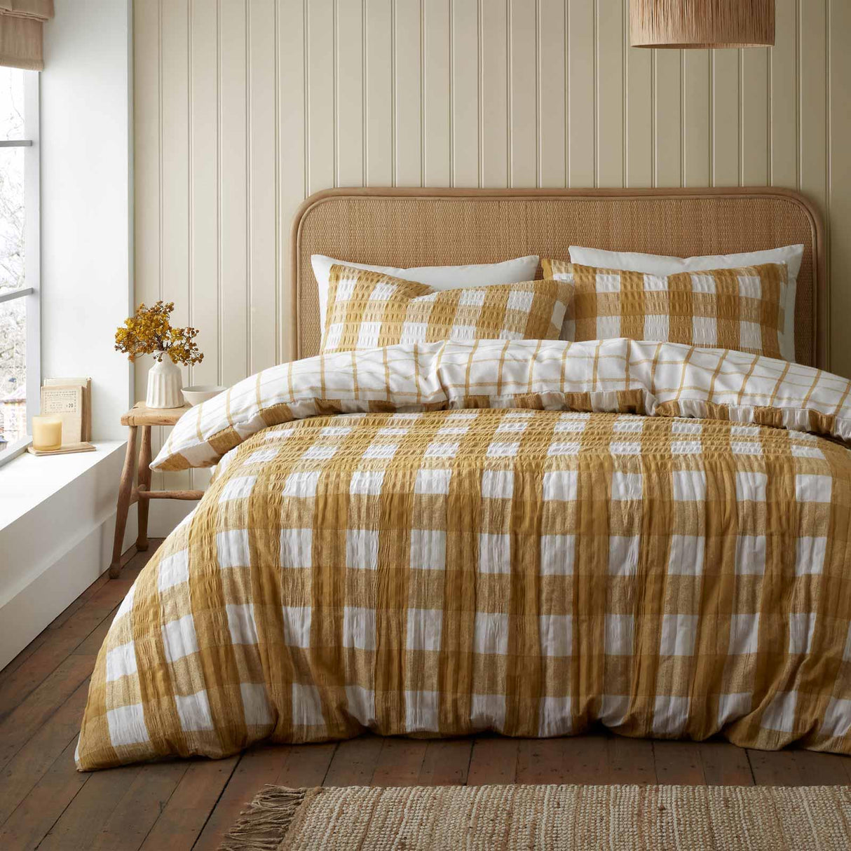 Brushed Seersucker Gingham Duvet Cover Set Caramel