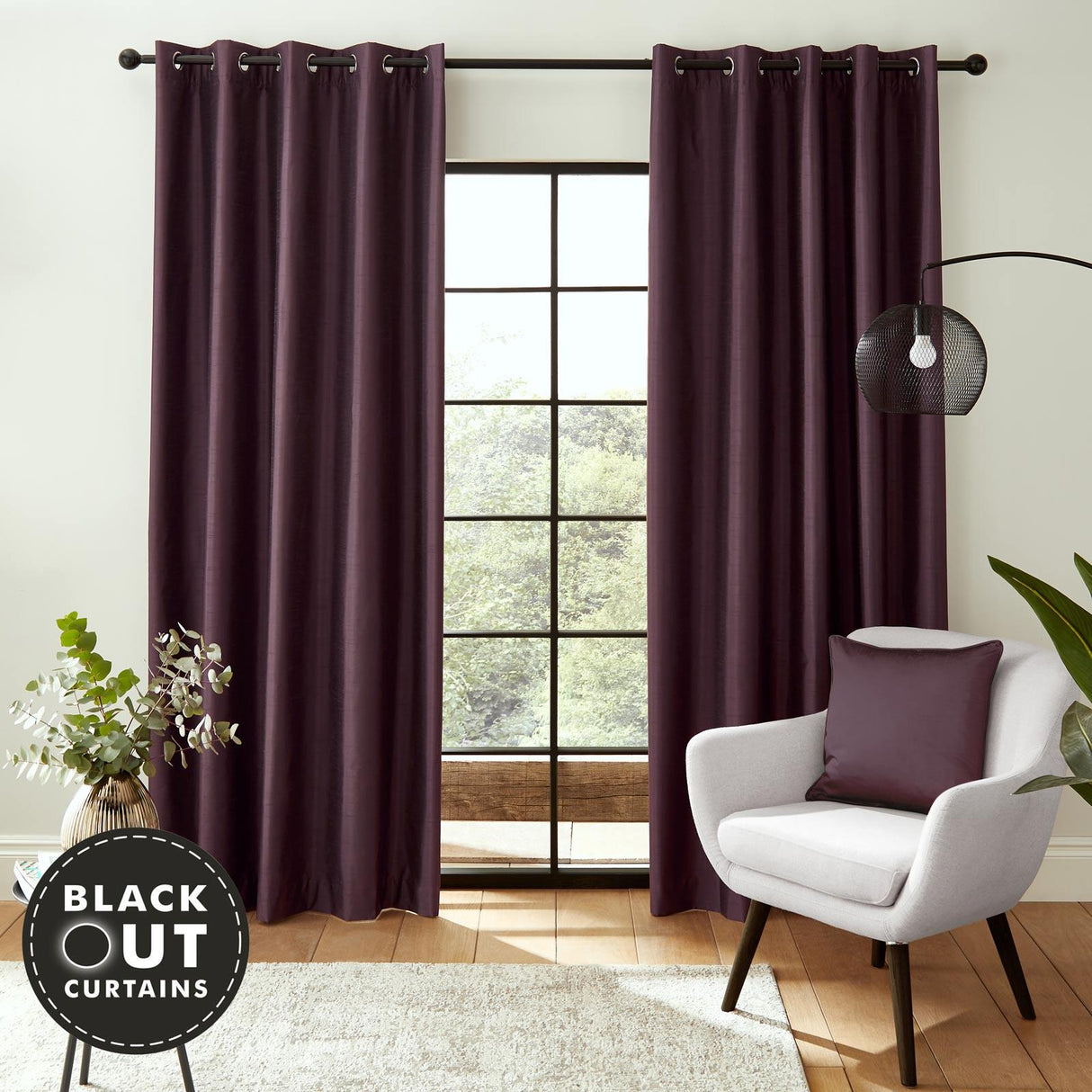 Faux Silk Blackout Eyelet Curtains Aubergine