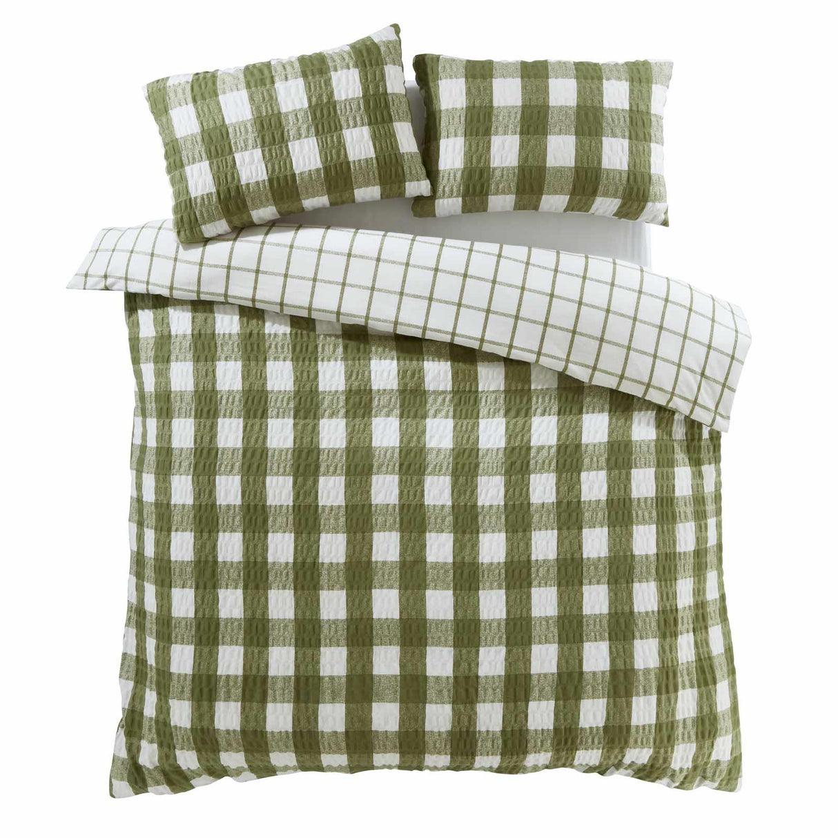 Brushed Seersucker Gingham Duvet Cover Set Olive