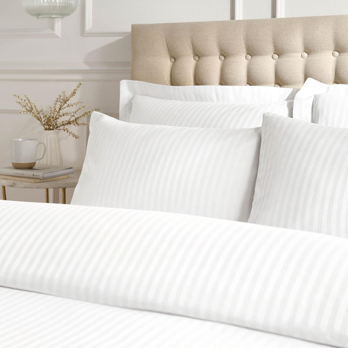 300TC Satin Stripe Duvet Cover Set White