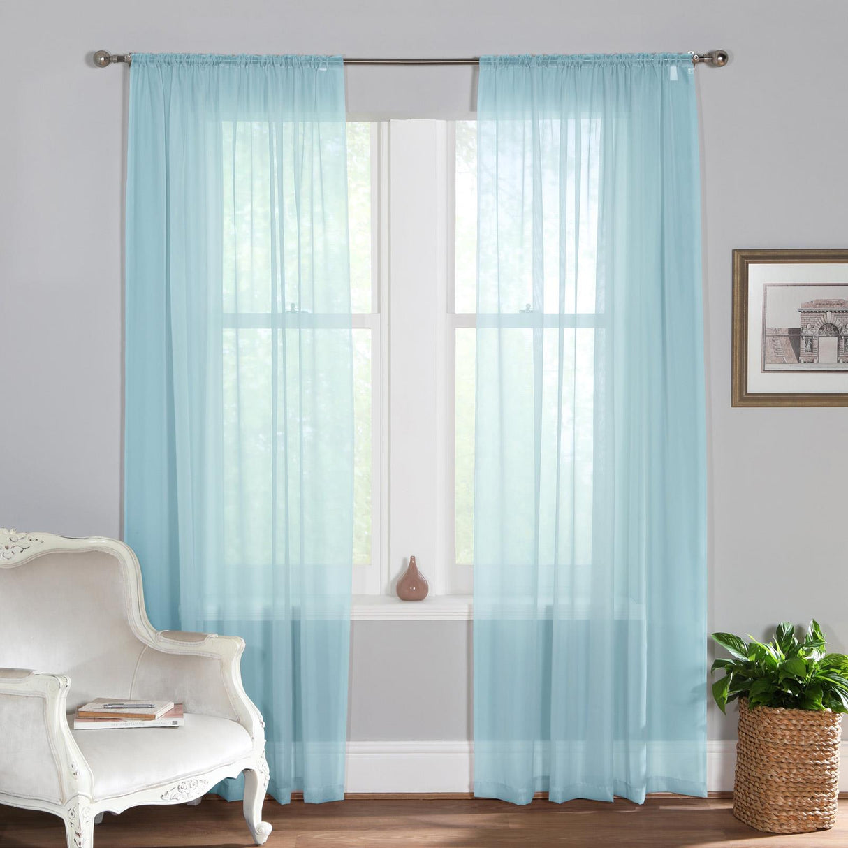 Plain Dyed Voile Curtain Panel Pair Duck Egg