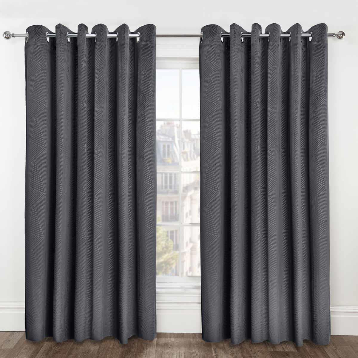 Thermal Blackout Eyelet Curtains Embossed Velvet Woven Charcoal Grey