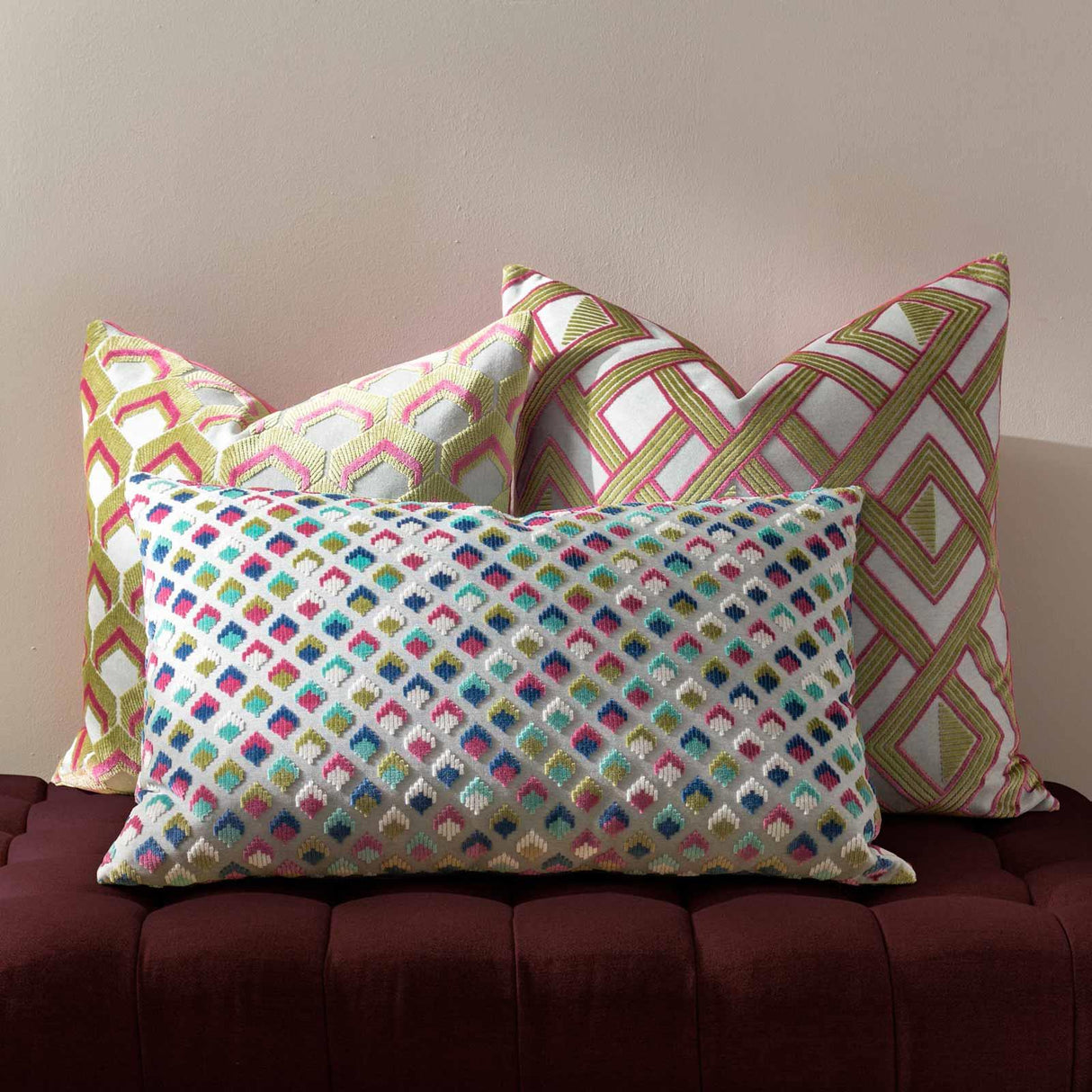 Henley Cushion Cover Lime + Pink