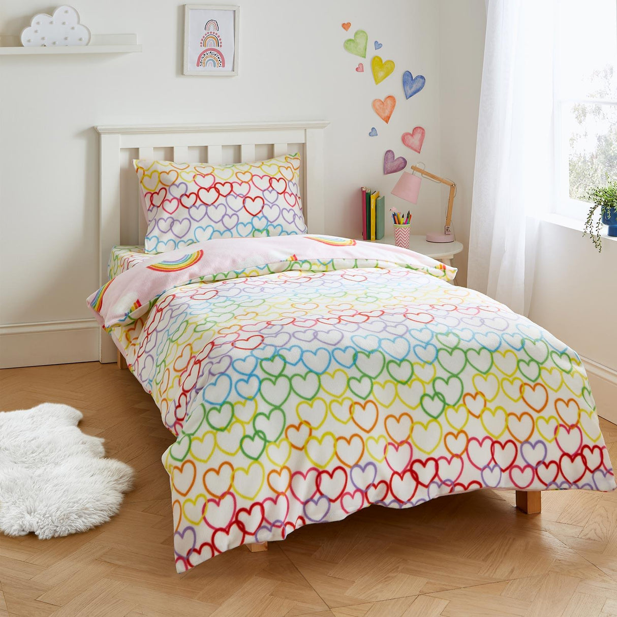 Rainbow Hearts Fleece Duvet Cover Set