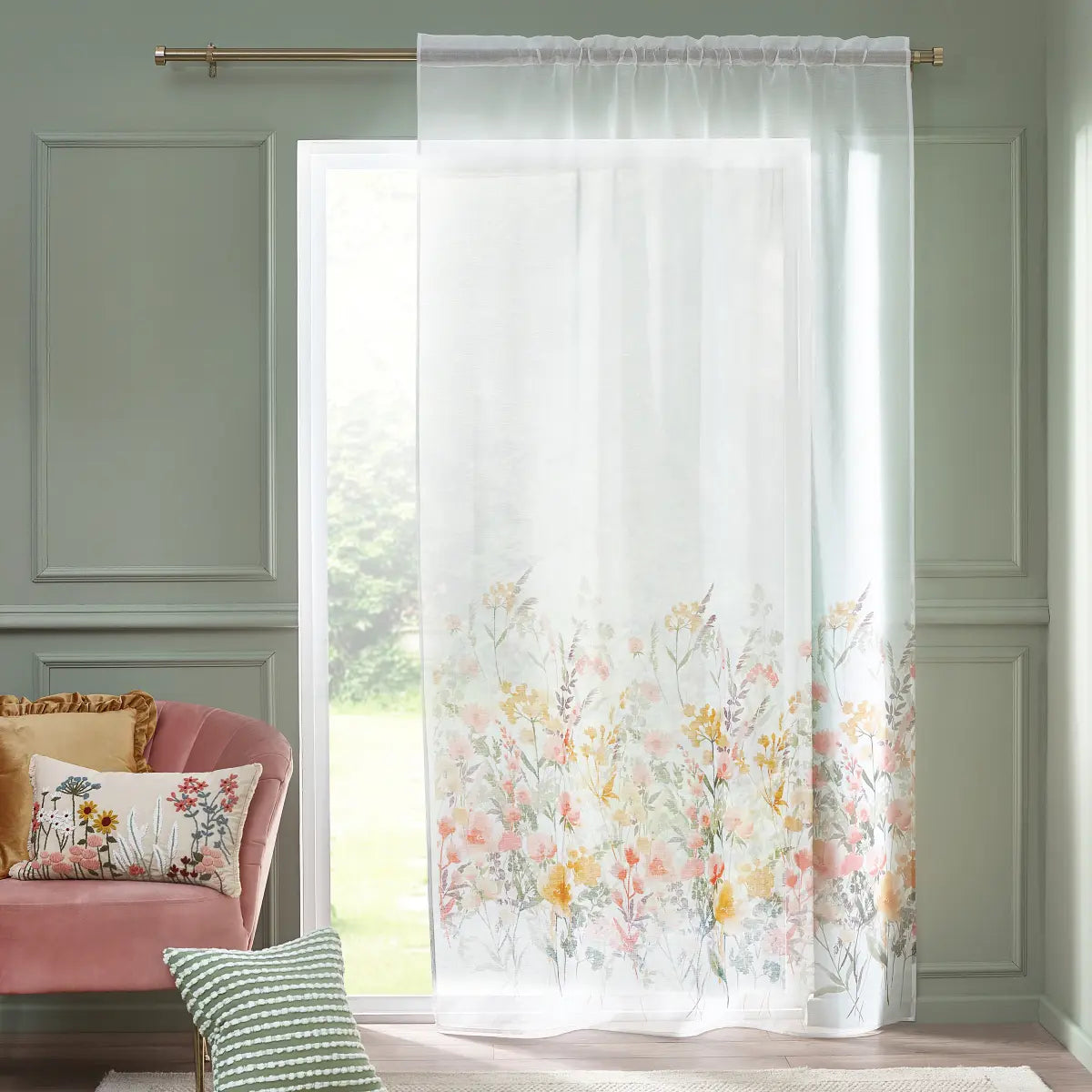 Countryside Floral Slot Top Voile Curtain Panel