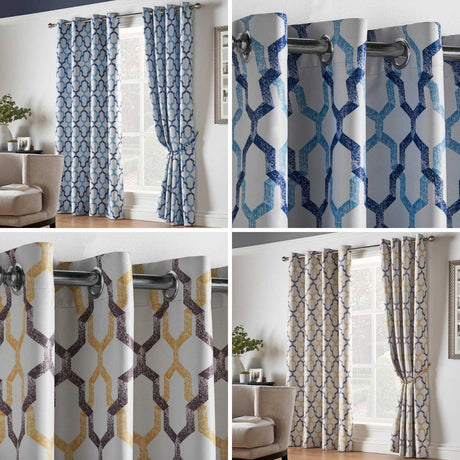 Blackout Curtains Georgia Trellis Ochre Blue Thermal Ring Eyelet Curtain Pairs