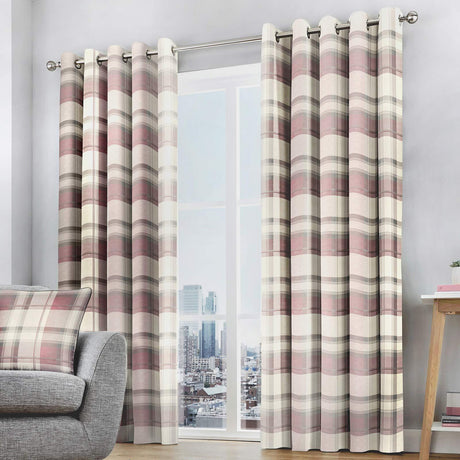 Pink Eyelet Curtains Blush Balmoral Tartan Check Ready Made Lined Ring Top Pairs