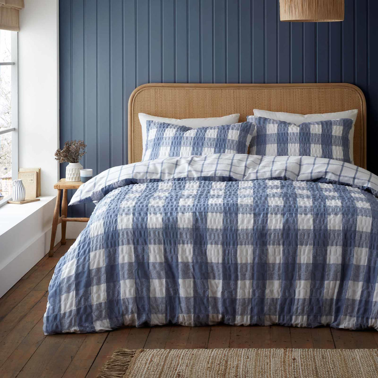 Brushed Seersucker Gingham Duvet Cover Set Blue