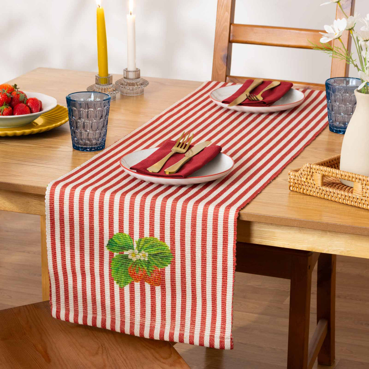 Strawberry Stripes Indoor Outdoor Table Runner