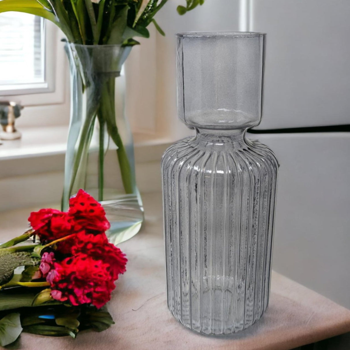 Fluted Ribbed Glass Vase Grey